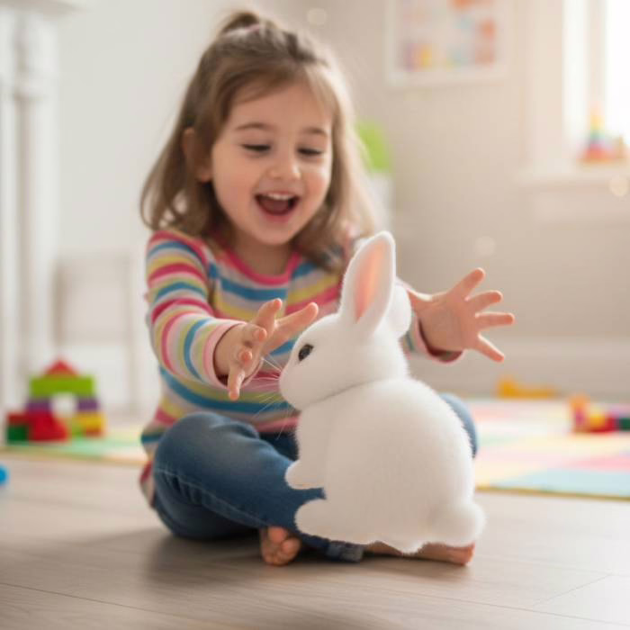 Een kind speelt en knuffelt met het konijn Rabsy